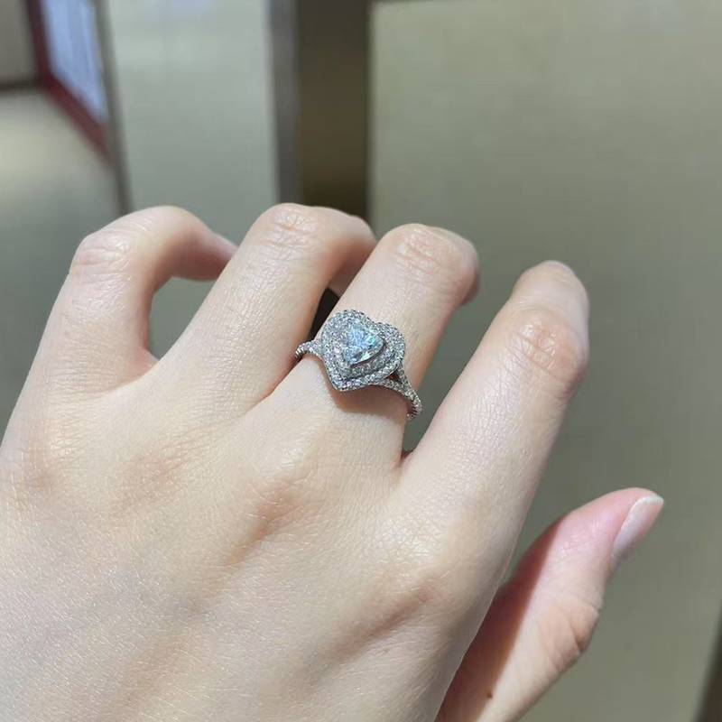 心形双层围镶Women's RingS925银镀白金定制选款主石Moissanite0.8ct/副石高碳钻
